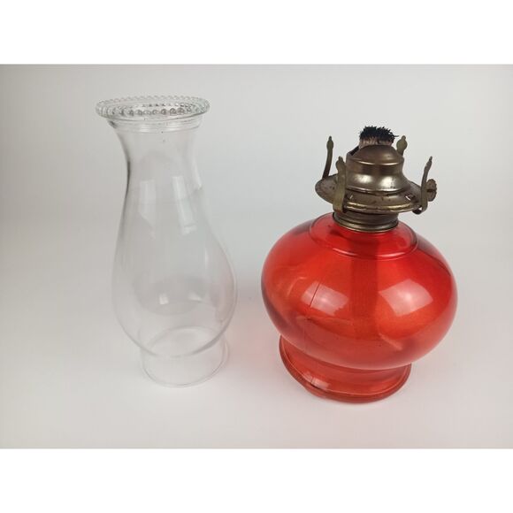 Unique Vintage Candy Red Oil Lamp With Clear Glass Chimney Fully Functional - Picture 6 of 9
